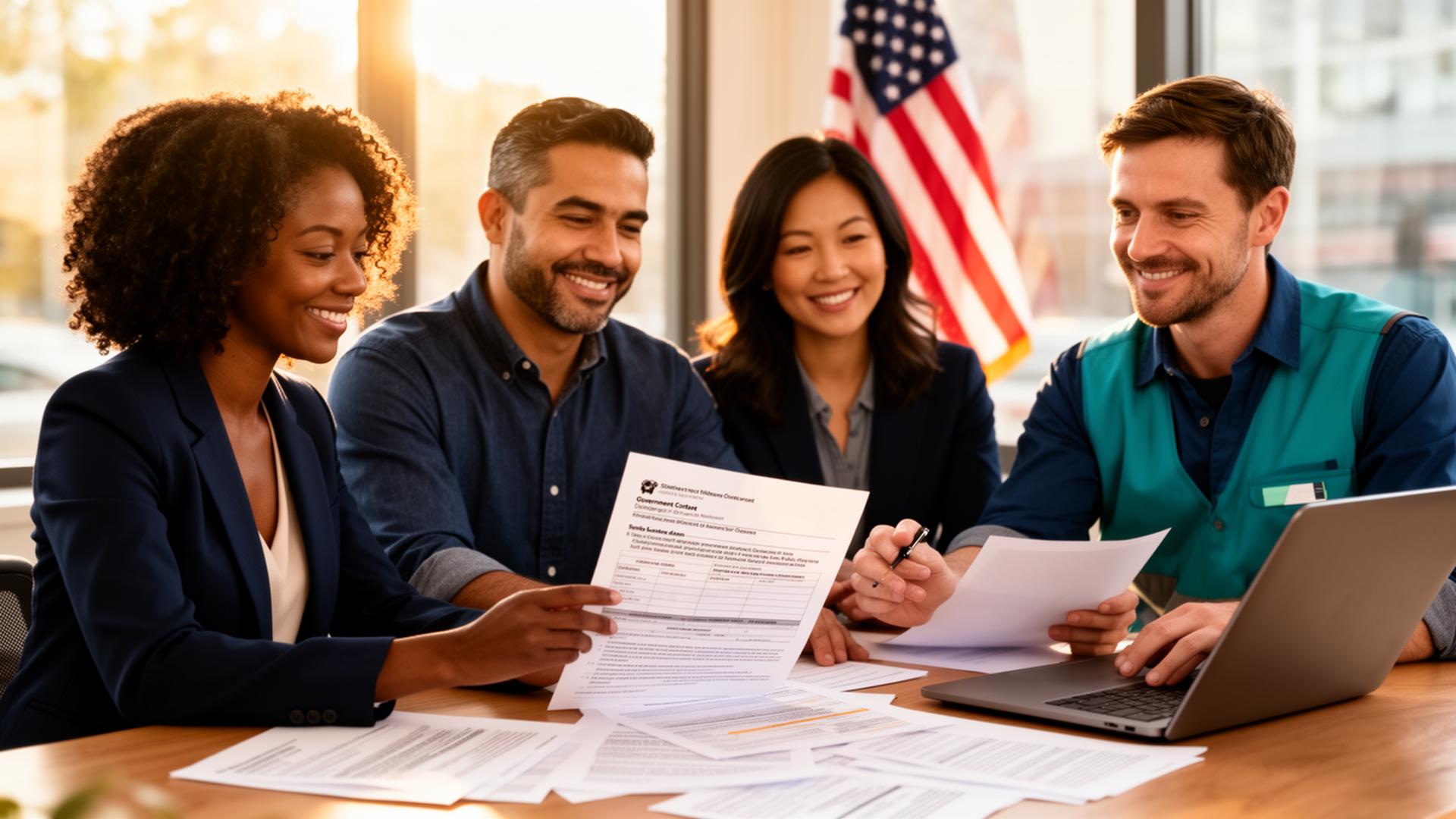 Diverse small business owners reviewing government contracts together